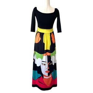 Pop Art Graphic Face Maxi Dress Off Shoulder Colorblock Stretch S/M Retro Mod
